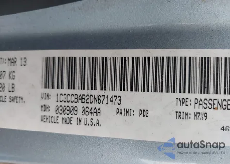 2013 Chrysler 200 Lx из США, поврежденный, VIN 1C3CCBAB2DN671473